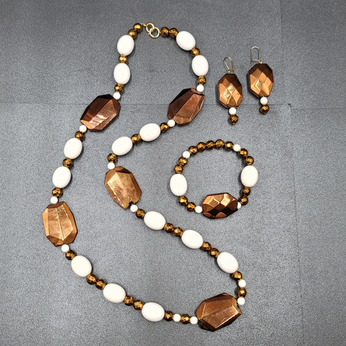 Bronze Metallic White Beaded Necklace Bracelet Earrings Set Jewelry Set