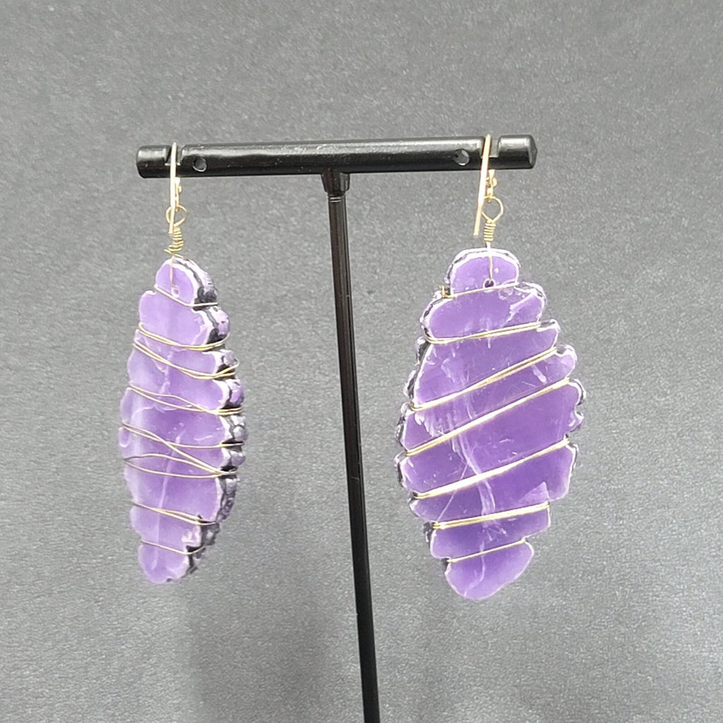 Artisan Pierced Earrings Wire Wrapped Purple Stone Dangle 2"