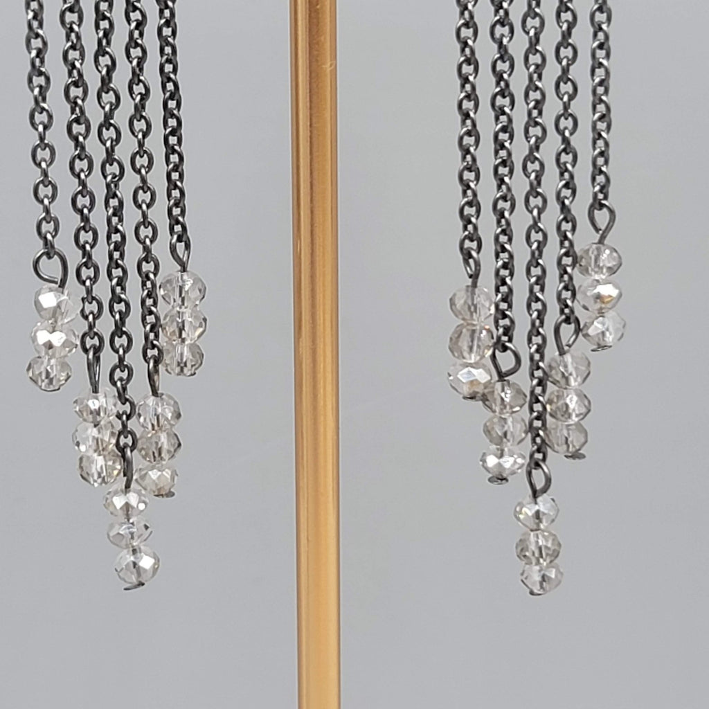 Black Metal Pierced Earrings Long Dangle Chains Beaded 3"