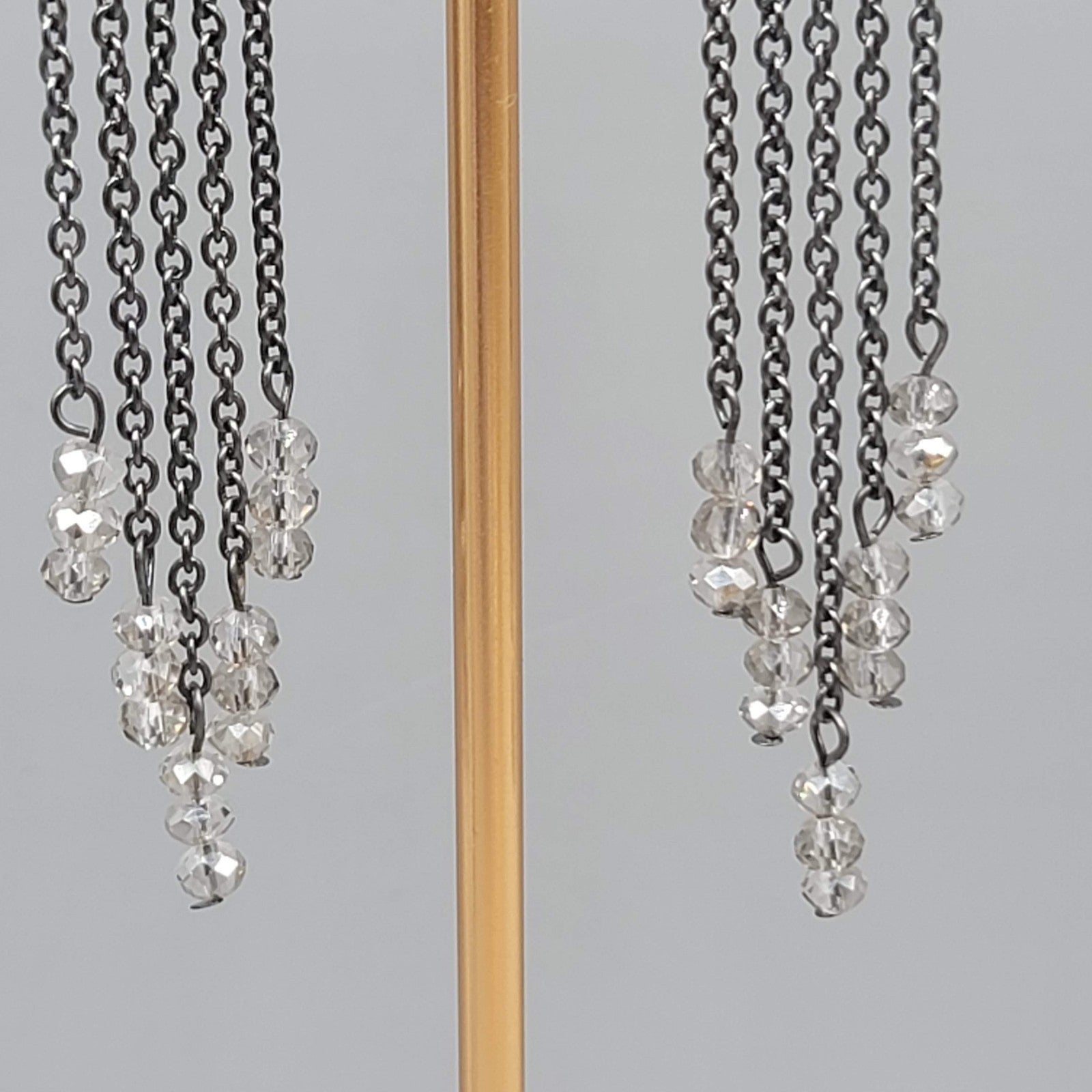 Black Metal Pierced Earrings Long Dangle Chains Beaded 3"