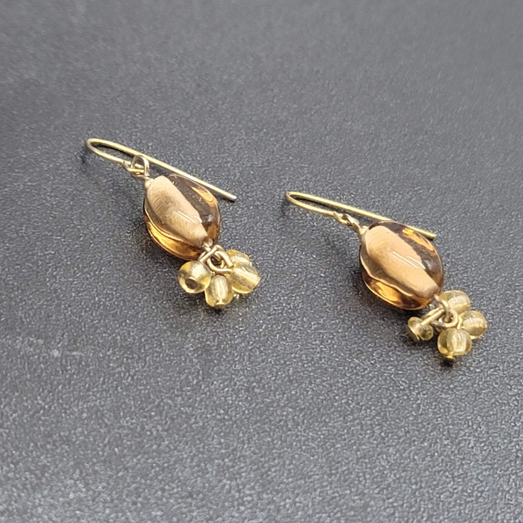 Pierced Earrings Gold tone Amber Color Glass Beads Dangle 1"