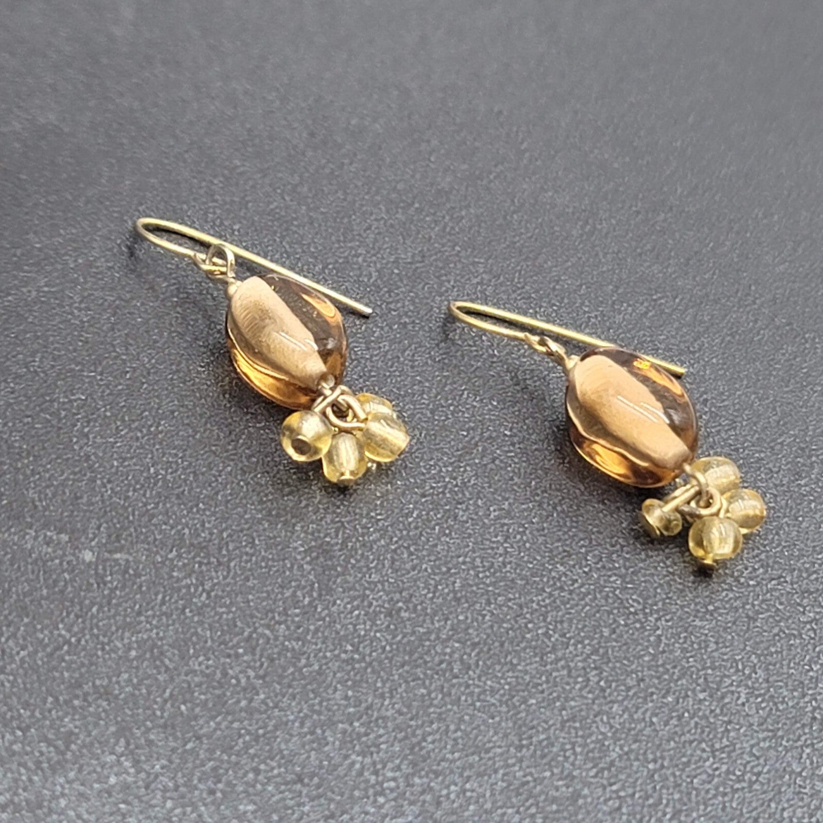 Pierced Earrings Gold tone Amber Color Glass Beads Dangle 1"