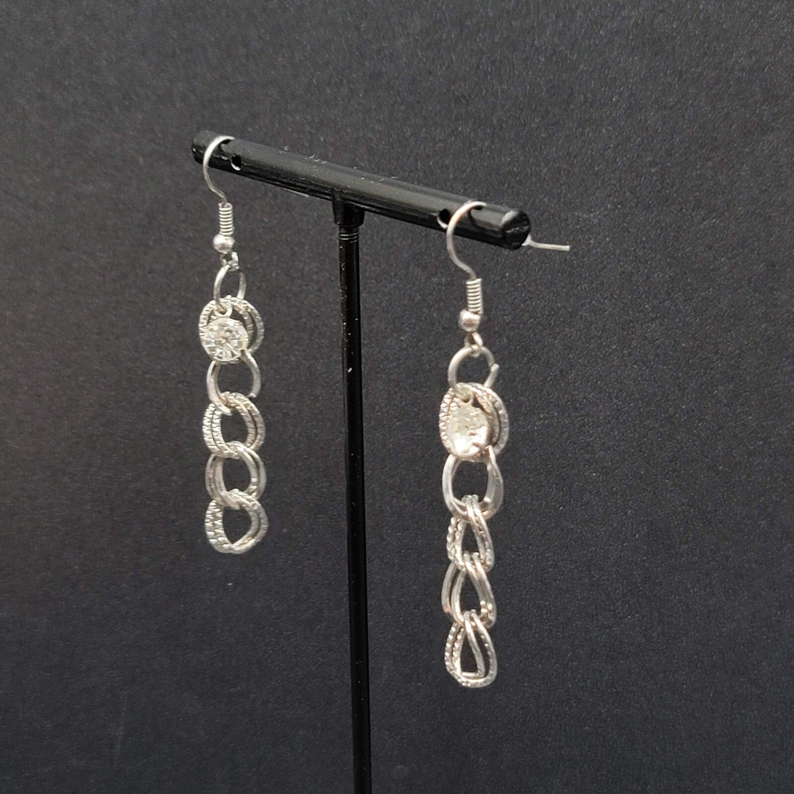 Pierced Earrings Hammered Dangle Chains Rhinestone 1.75"