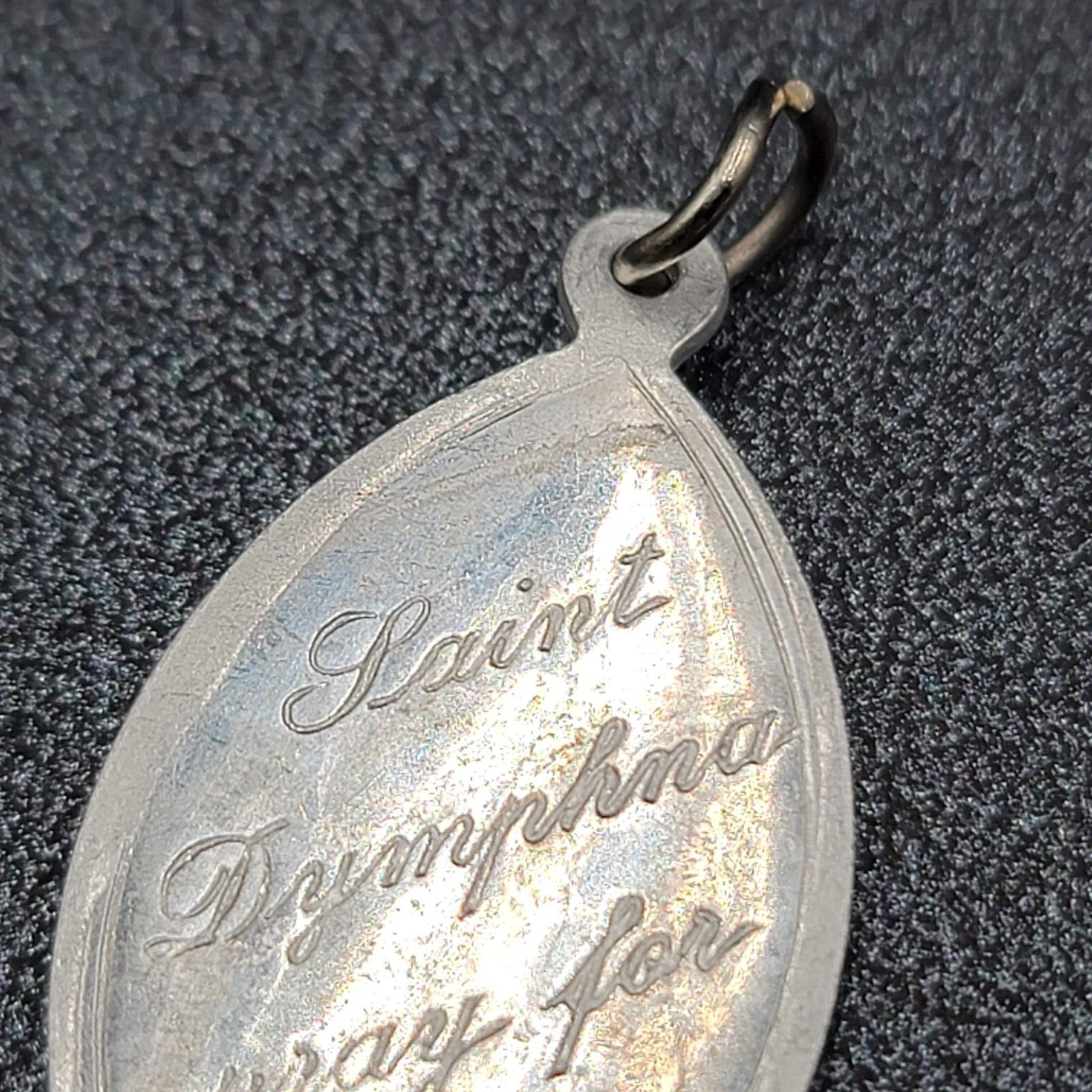 Vintage St Dymphna Pray for Us Medal Italy 1960's Mental Health Silver tone 1.25