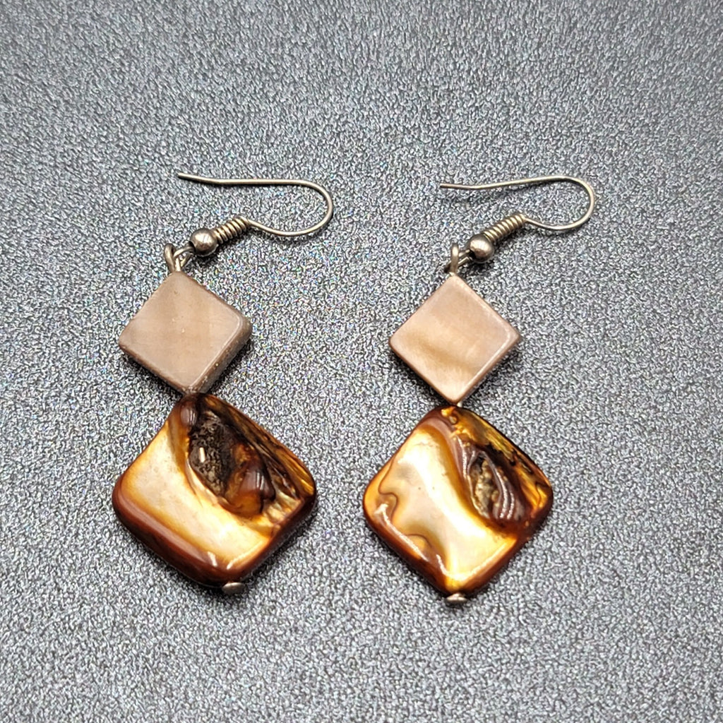 Pierced Earrings Silver tone Dyed Brown Shell Square Beads Dangle 1 3/8"