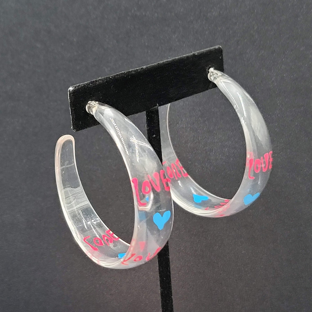 Pierced Earrings Clear Acrylic Large Hoops LOVE HEARTS 2"