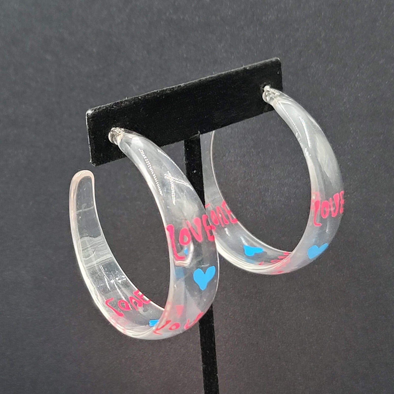 Pierced Earrings Clear Acrylic Large Hoops LOVE HEARTS 2"