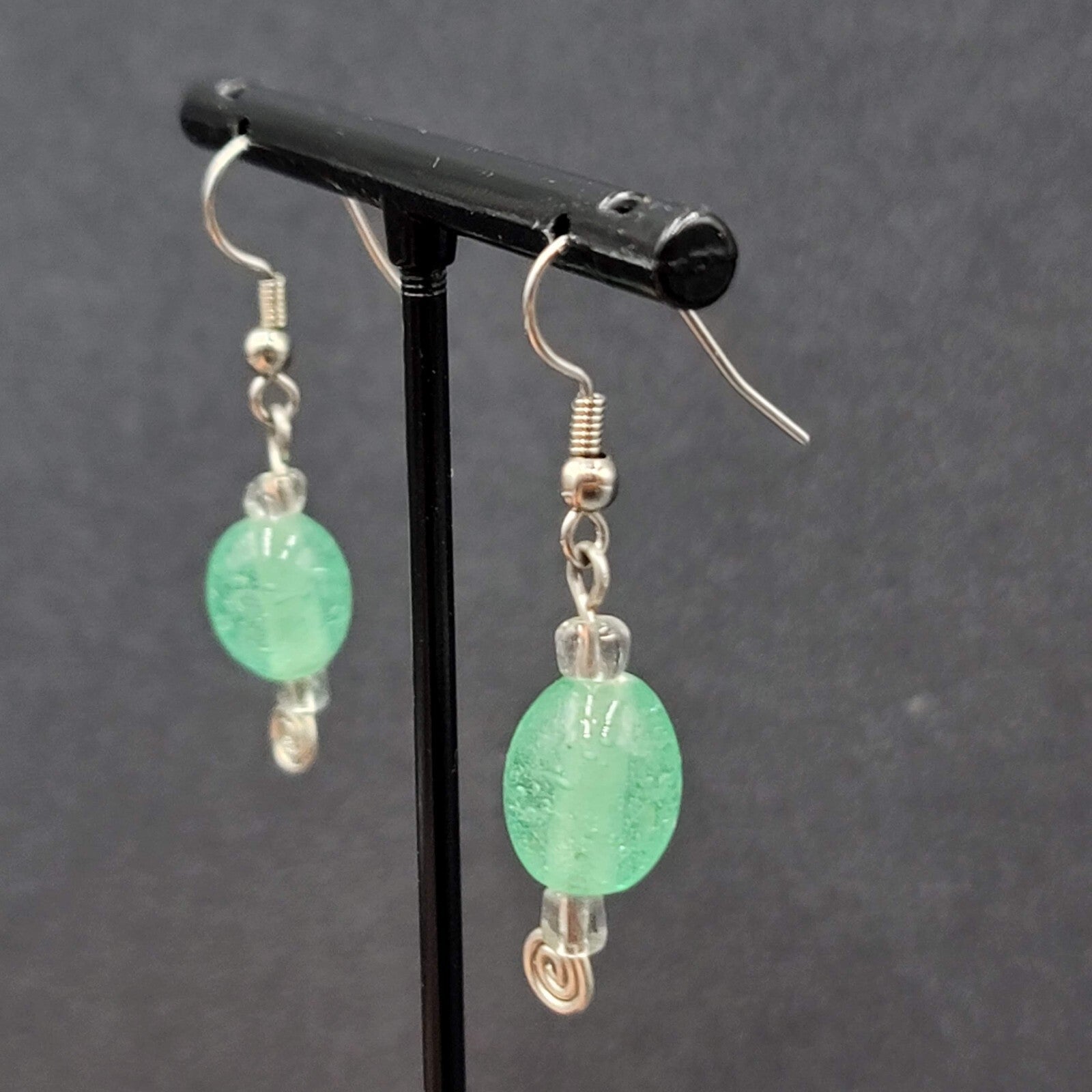 Pierced Earrings Silver tone Green Glass Beads Dangle 1"