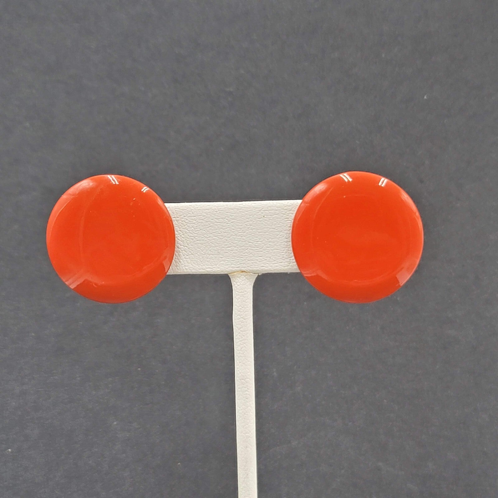 Vintage Clip on Earrings Dark Orange Red Enamel Circle Button Studs 1"