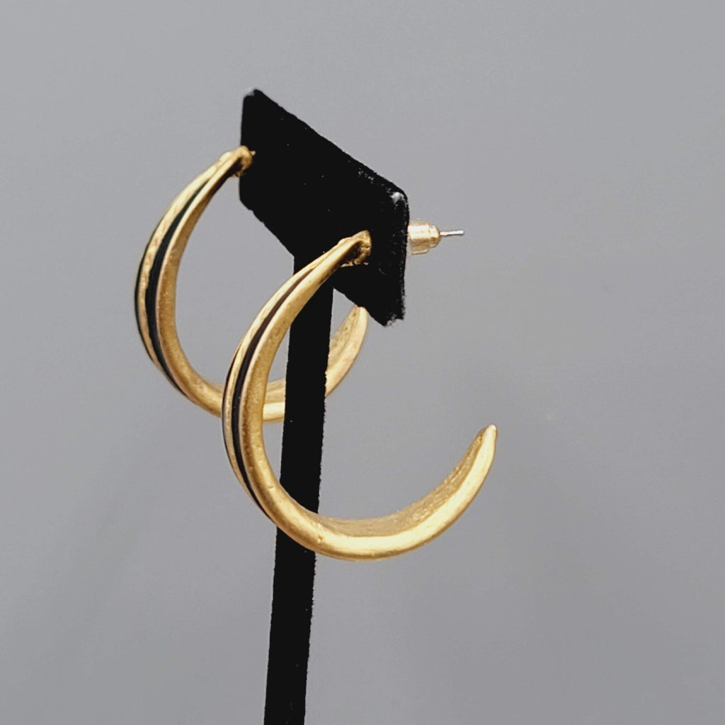 Hoop Pierced Earrings Brushed Gold Plated Black Enamel Drop 1.25"