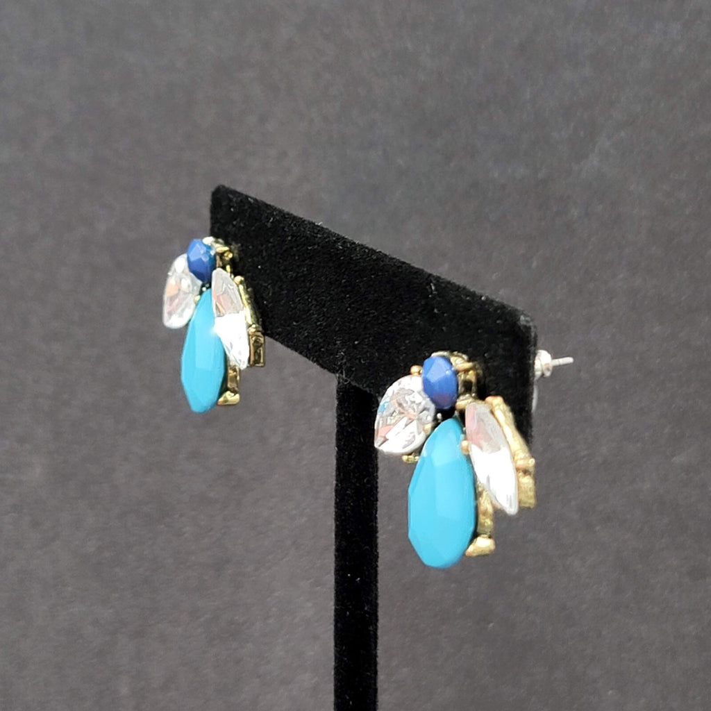 Pierced Earrings Blue Acrylic Bee Flower Design Drop 3/4"