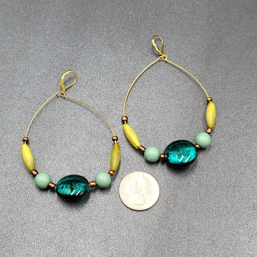 Pierced Earrings Gold tone Blue Dichroic Glass Bead Acrylic Beads 3"