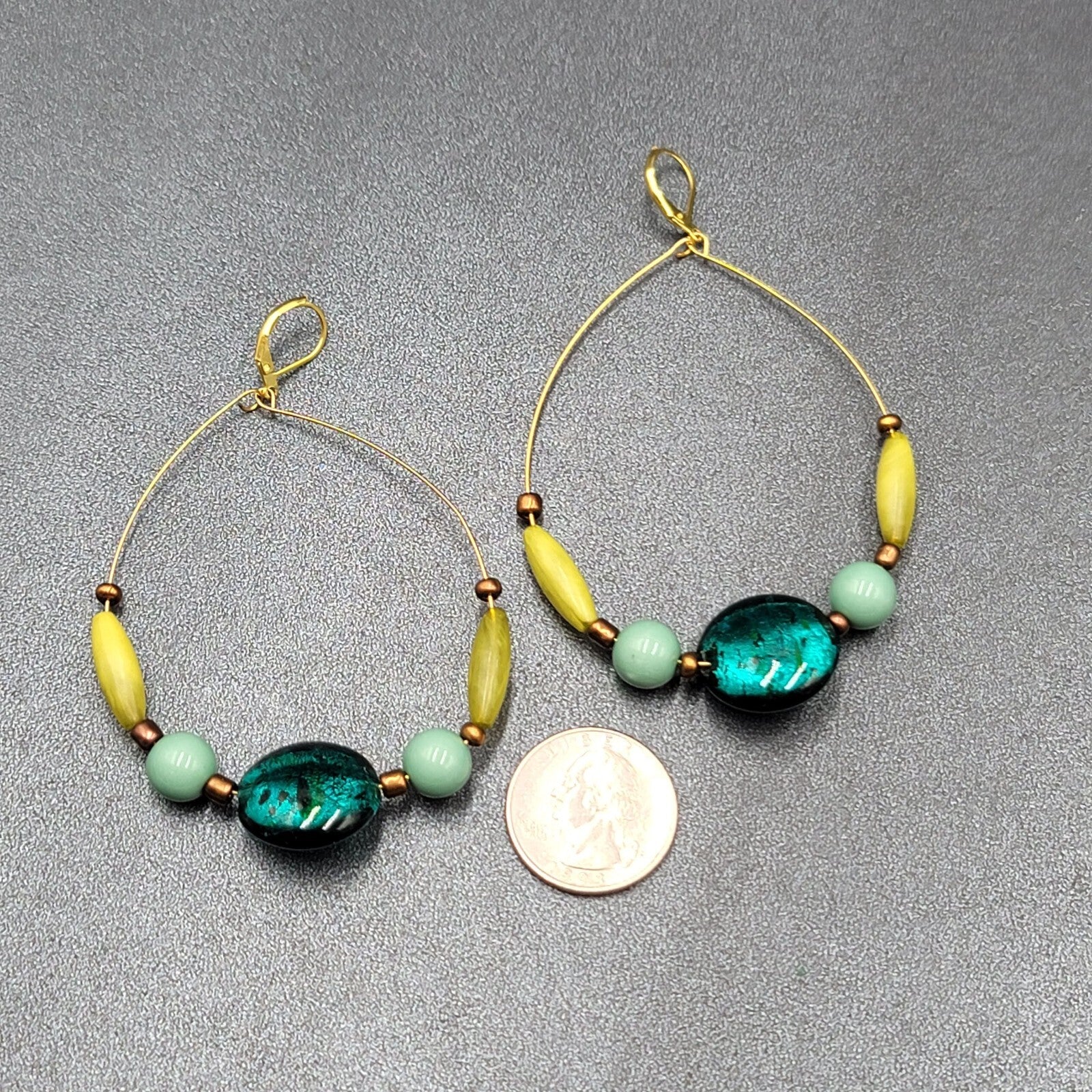 Pierced Earrings Gold tone Blue Dichroic Glass Bead Acrylic Beads 3"