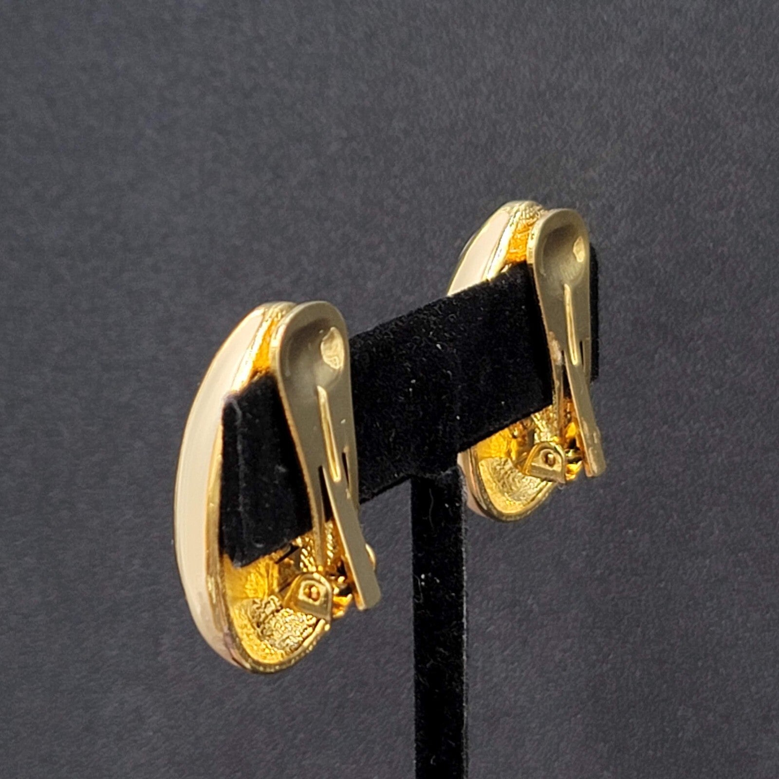 Vintage Clip on Earrings Gold Plated Ivory Enamel Large Statement Drop 1.25"