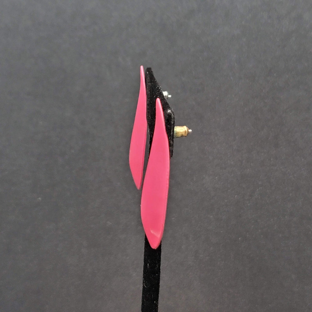 Vintage Pierced Earrings Hot Pink Enamel Long Teardrop 1.5"