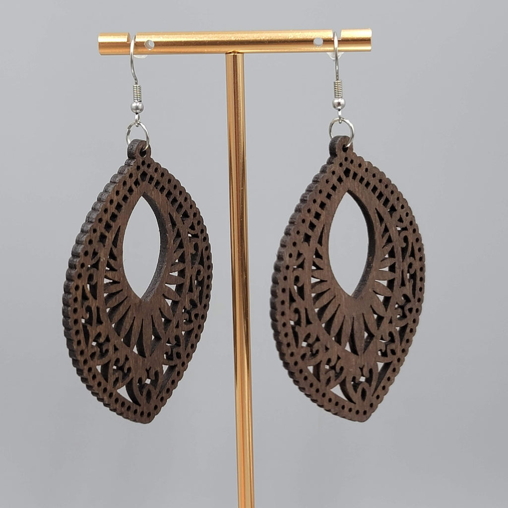 Wood Cut Large Boho Pierced Earrings Silver tone Dangle 3 in