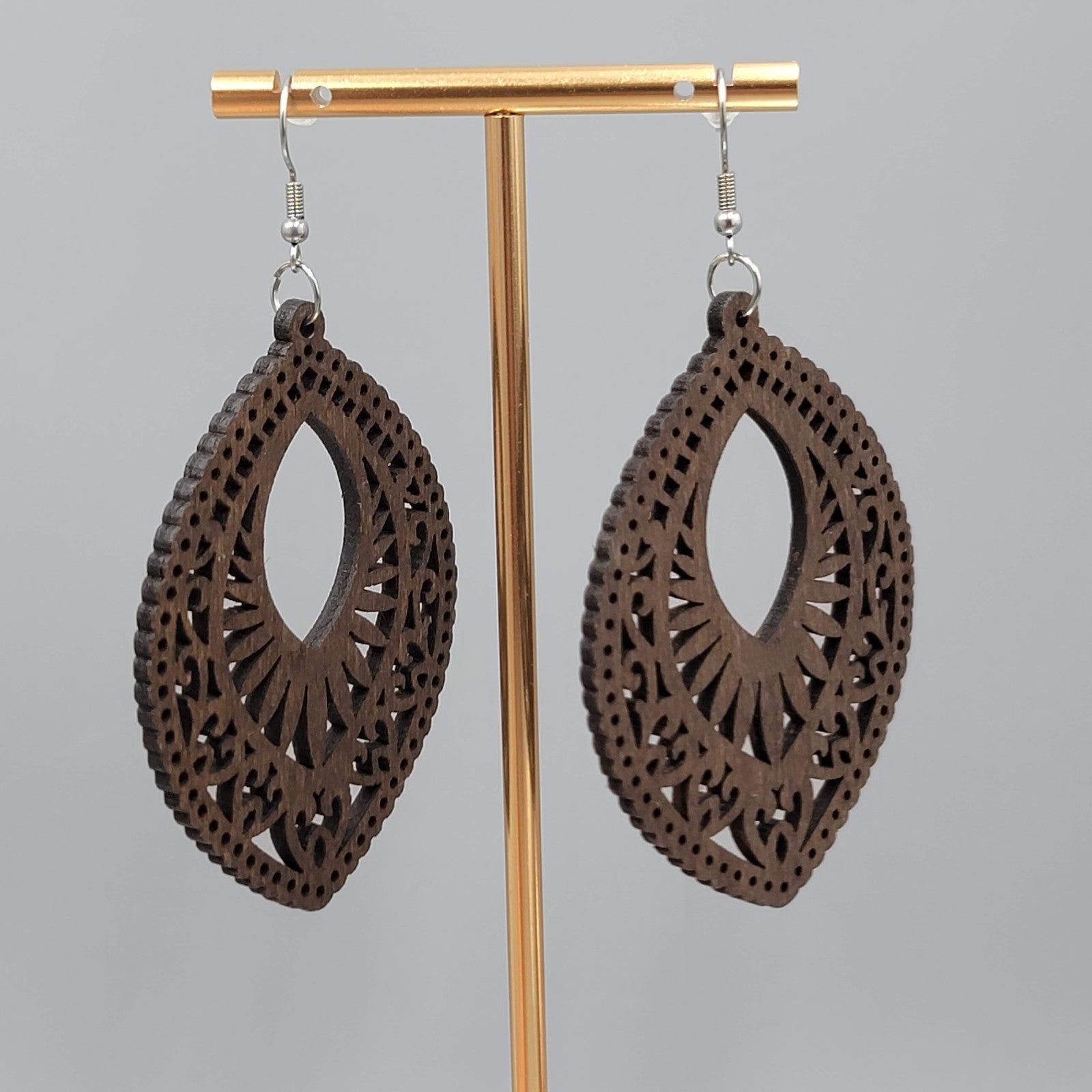 Wood Cut Large Boho Pierced Earrings Silver tone Dangle 3 in