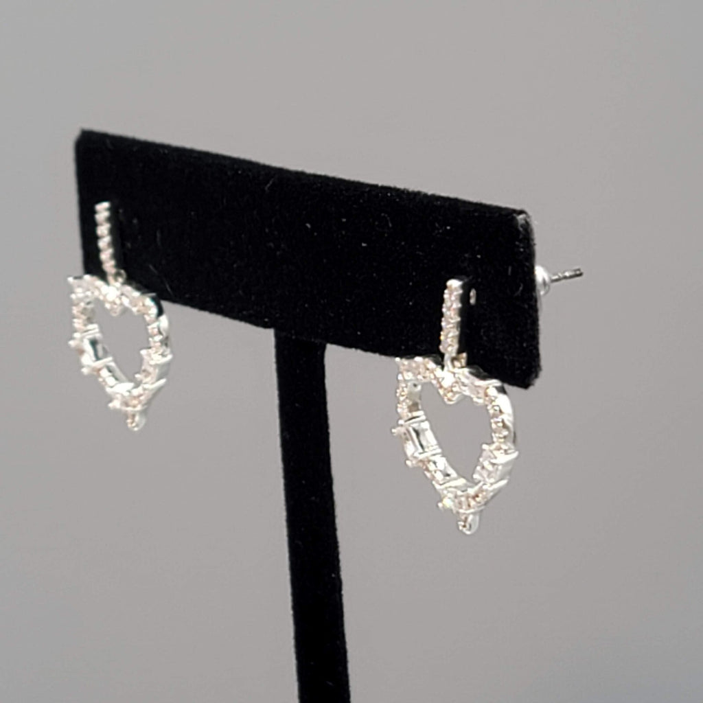 Heart Pierced Earrings Crystal Open Work Dangle Silver Plated 7/8"