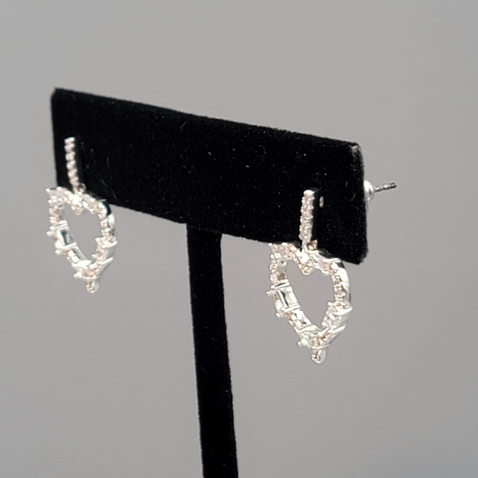 Heart Pierced Earrings Crystal Open Work Dangle Silver Plated 7/8"