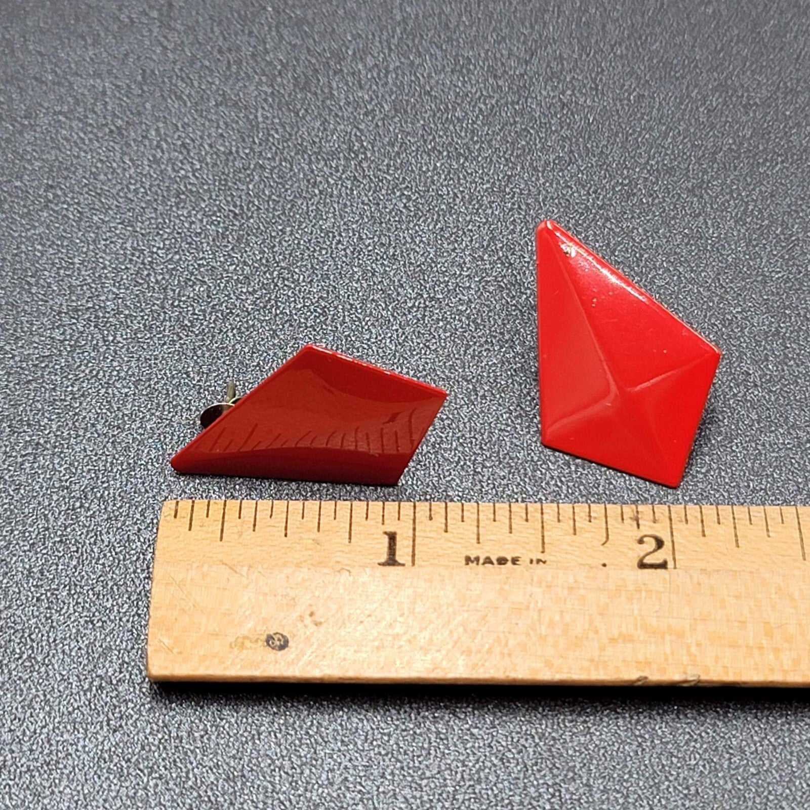 Vintage Pierced Earrings Red Enamel Geometric Drop 1 1/8"