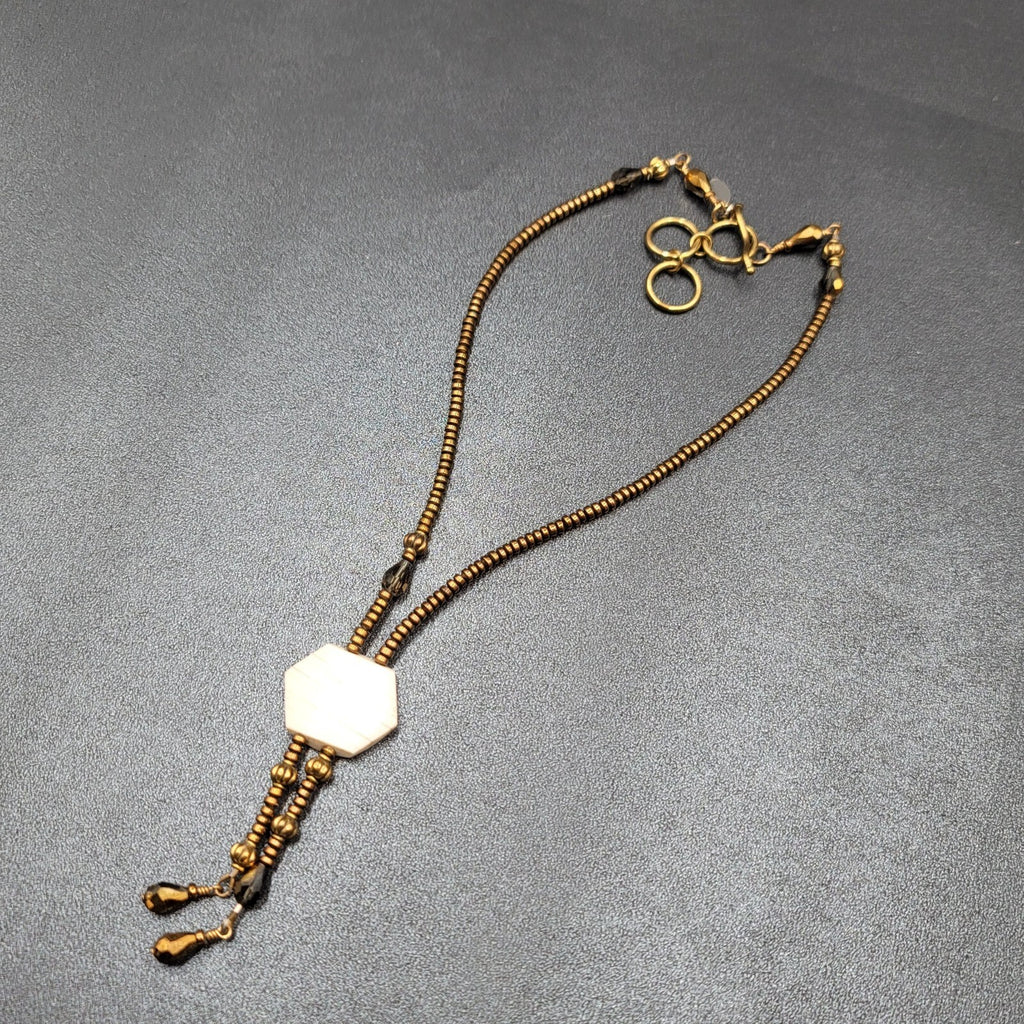 Signed Holly Necklace Gold tone Seed Bead White Stone Pendant Tassels 16"-18"