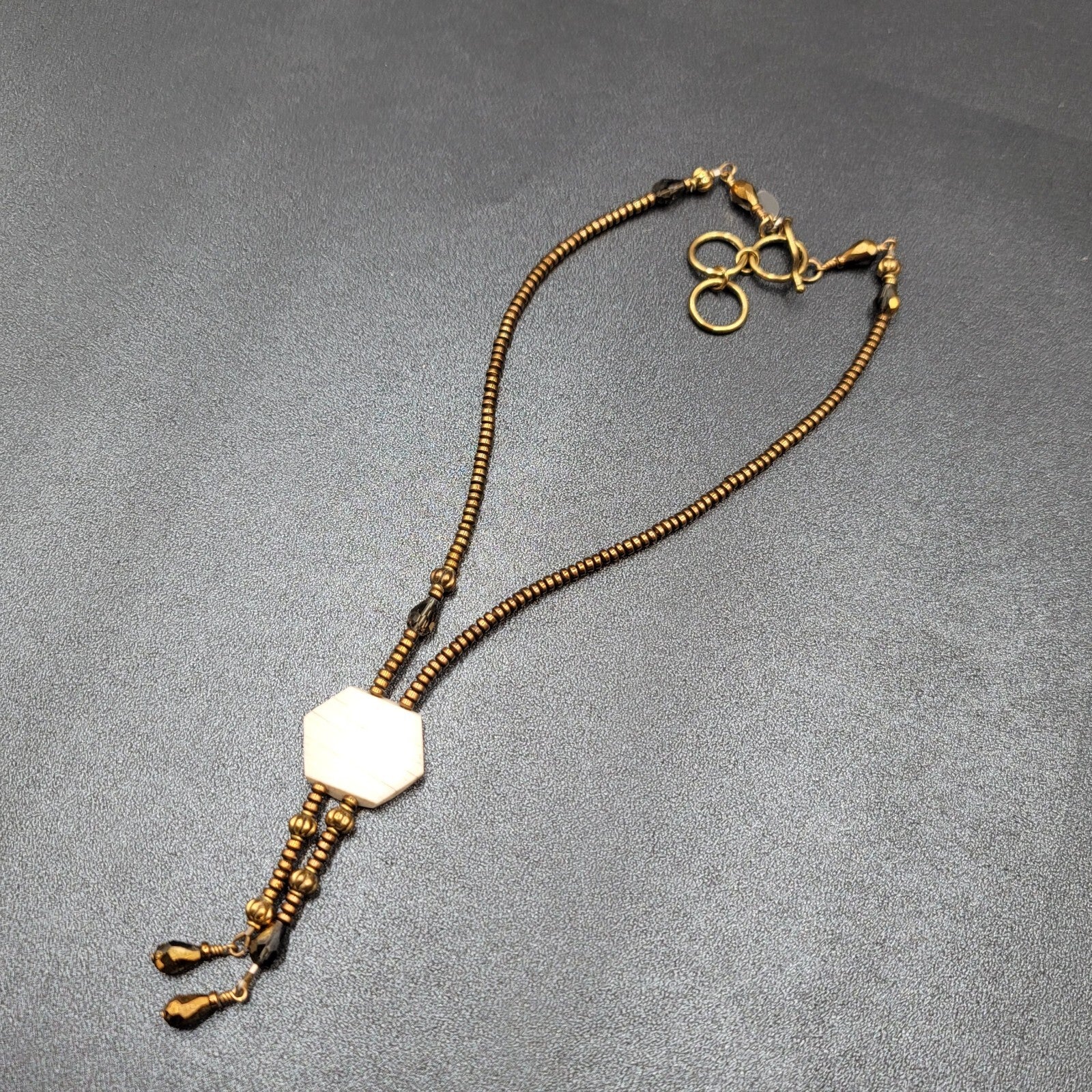 Signed Holly Necklace Gold tone Seed Bead White Stone Pendant Tassels 16"-18"