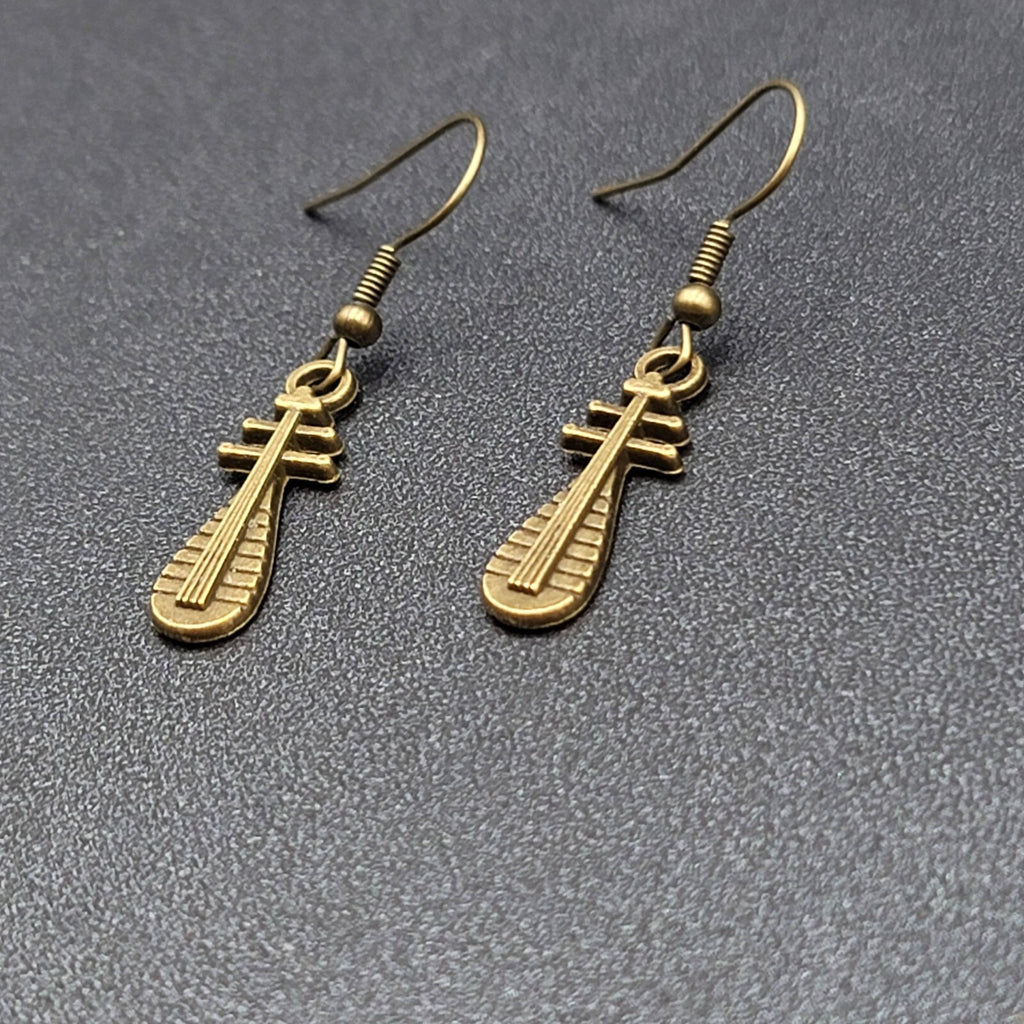 Lute Pierced Earrings Bronze tone Embossed Dangle New 1"