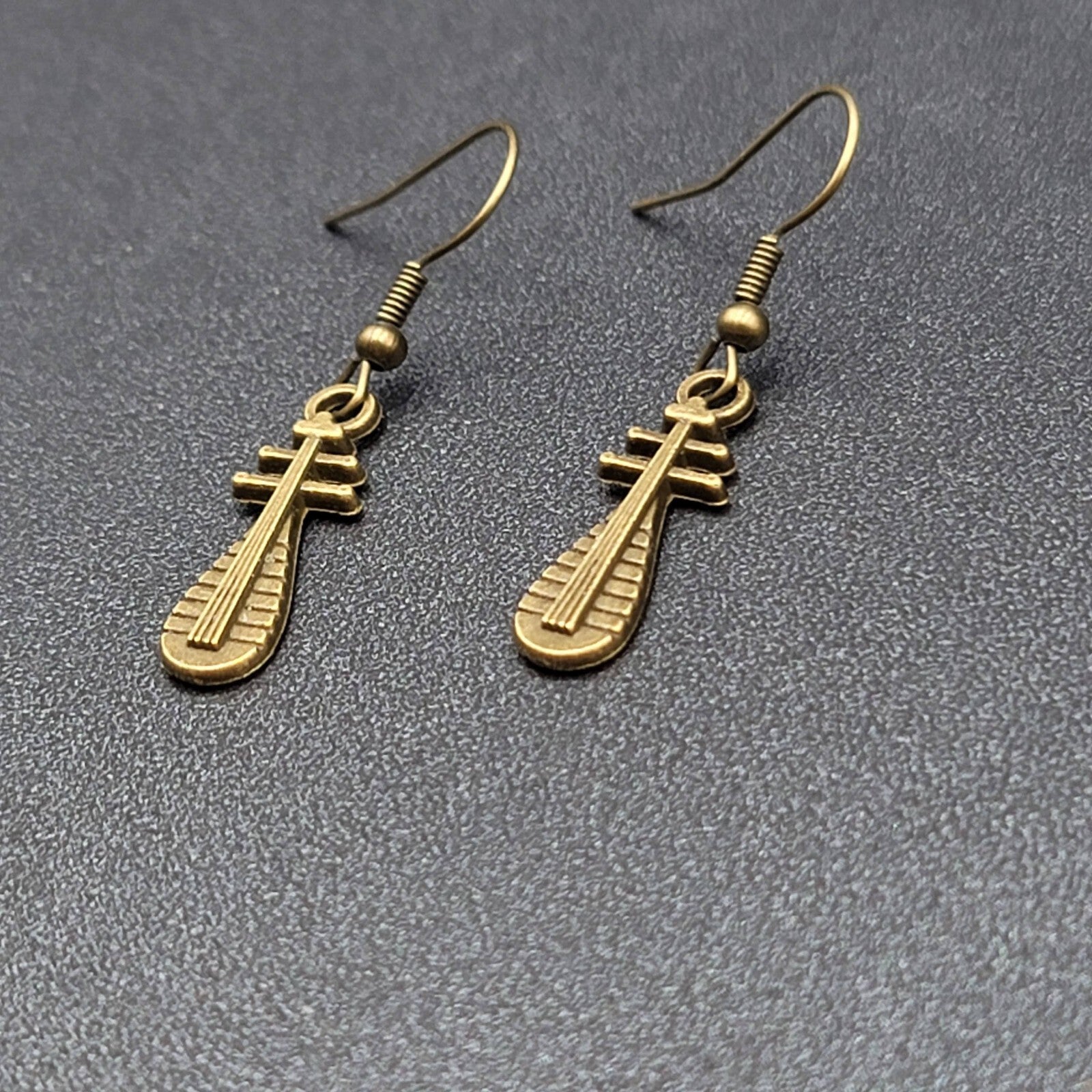 Lute Pierced Earrings Bronze tone Embossed Dangle New 1"