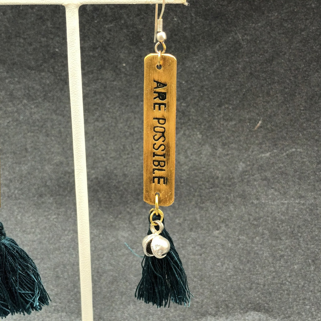 Pierced Earrings "All Things Are Possible" Brass Green Tassel Dangle 3 1/4"