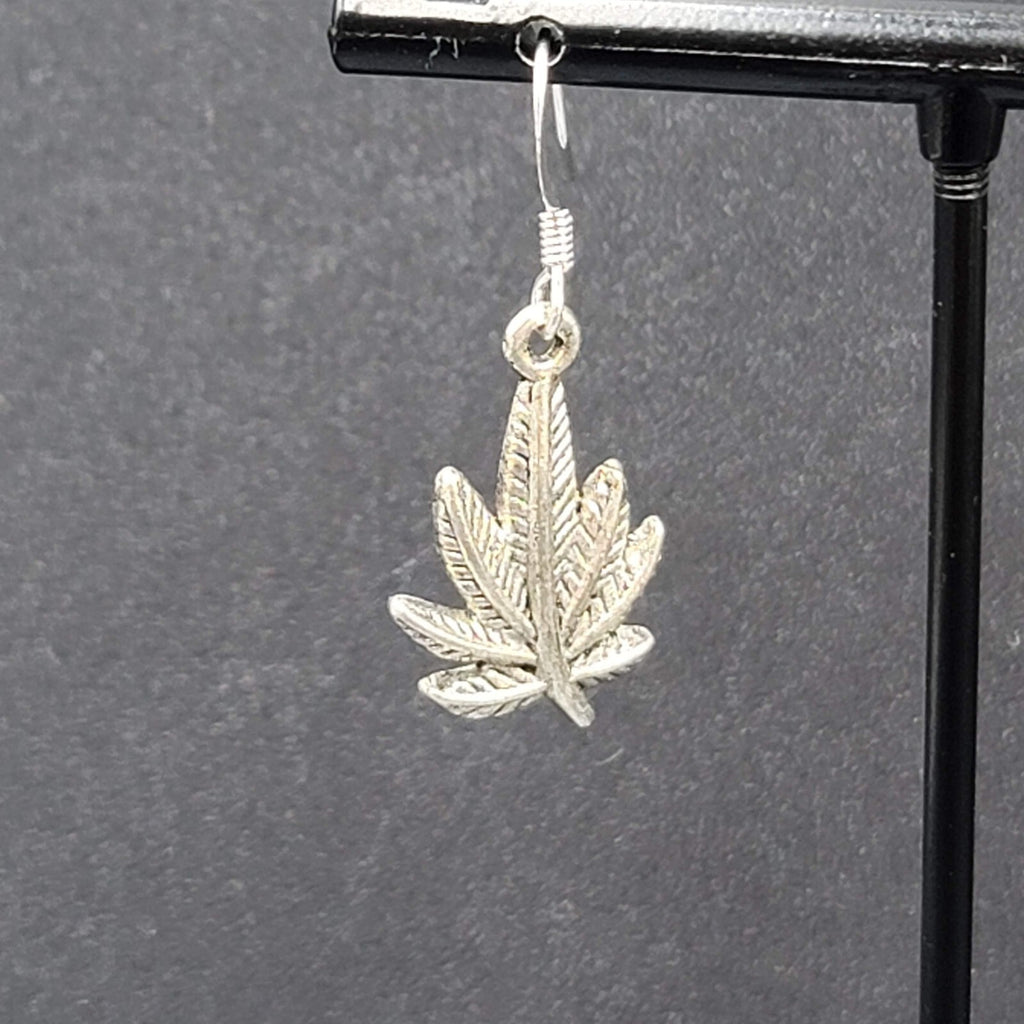 Pierced Earrings Silver tone Marijuana Pot Leaf Dangle 7/8"