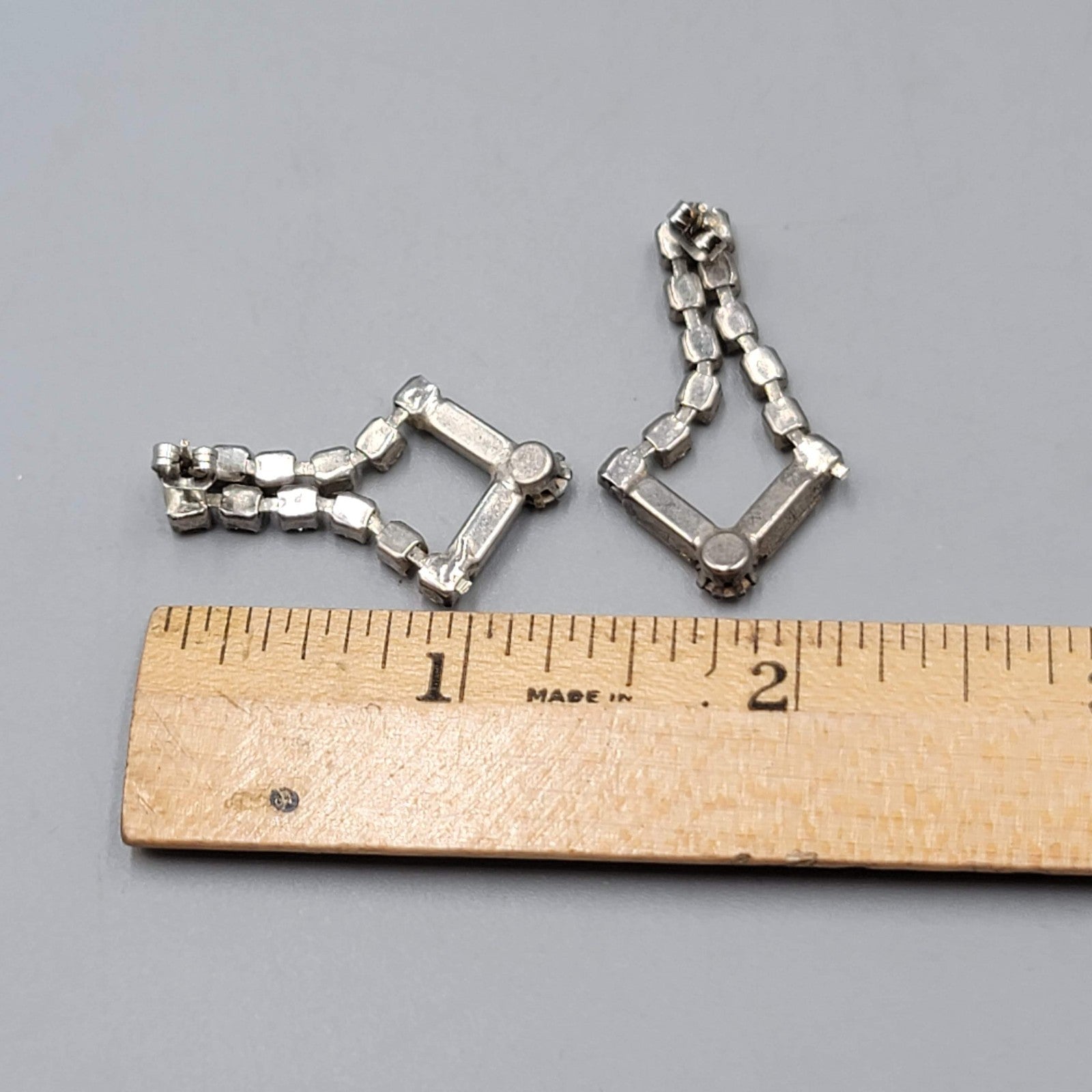Vintage Clear Rhinestone Pierced Earrings Silver tone Dangle Open Work 1.25 in