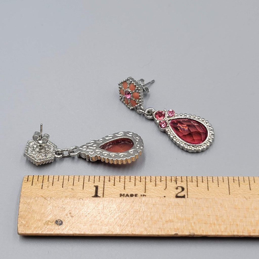 Pierced Earrings Gold tone Pink Rhinestone Teardrop Dangle 1.5"