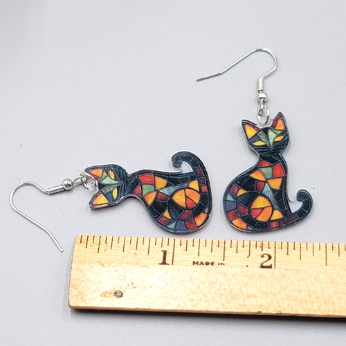 Black Kitty Cat Pierced Earrings Stained Glass Look Acrylic Dangle 1 3/8"