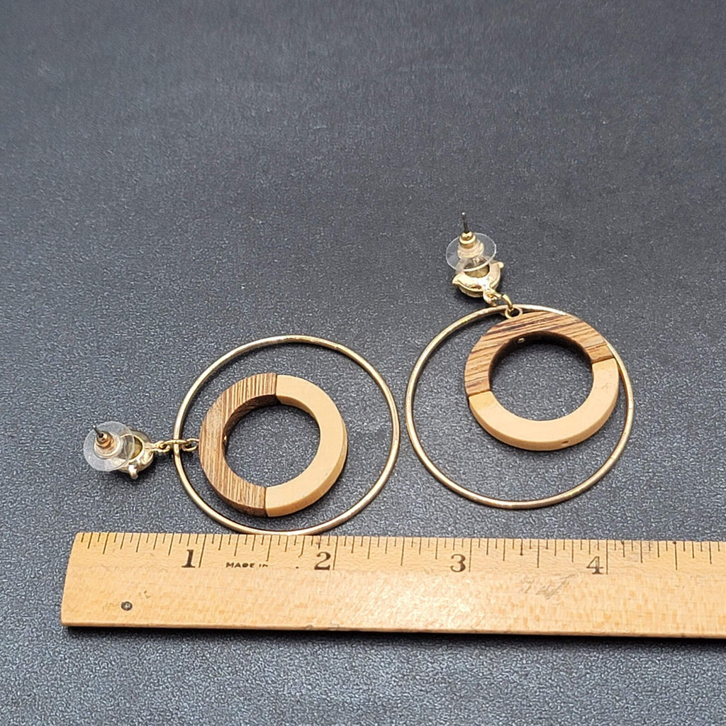 Pierced Earrings Gold tone Wood Rhinestone Hoops Dangle 2 1/4"