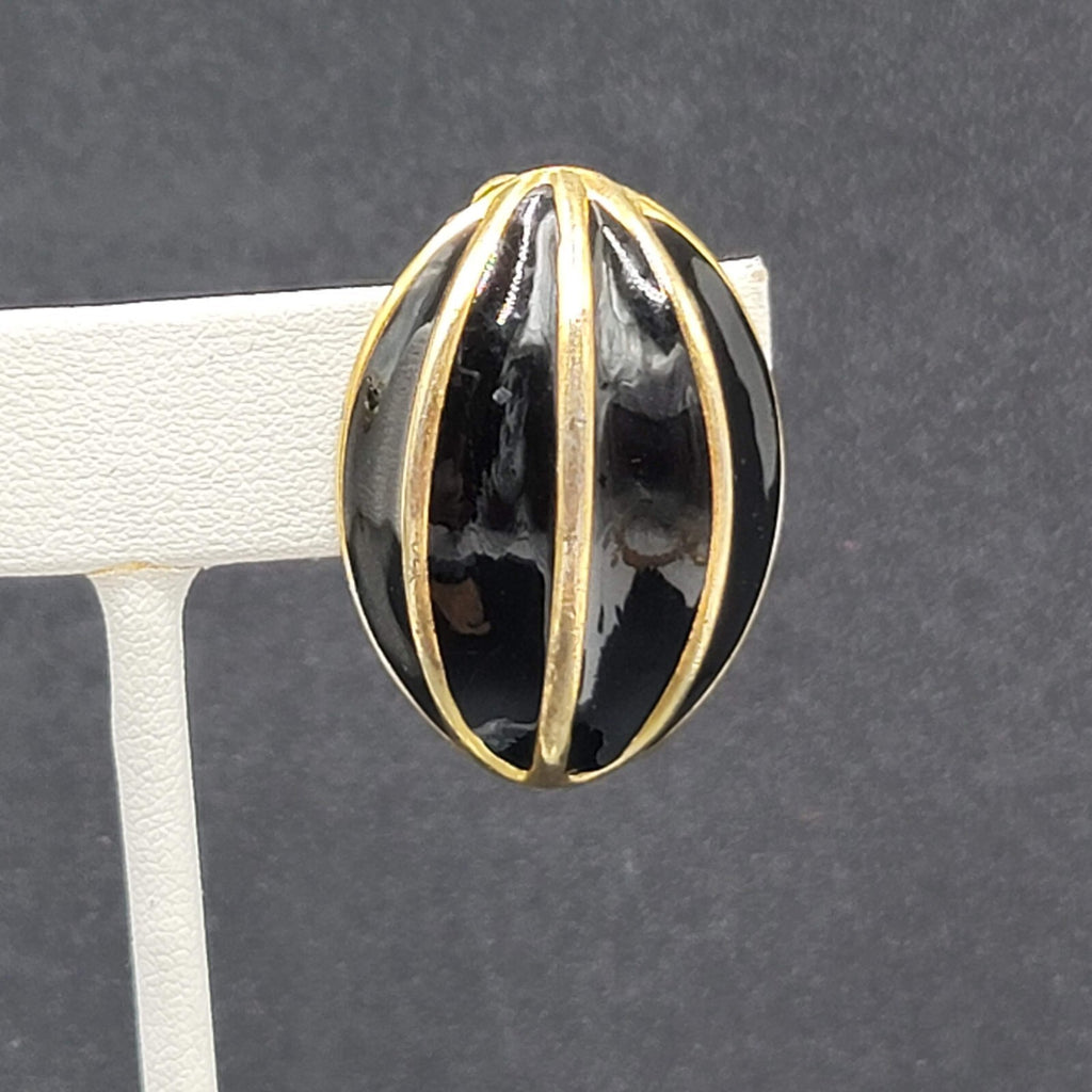 Vintage Clip on Earrings Gold Plated Black Enamel Drop Statement 1.25"