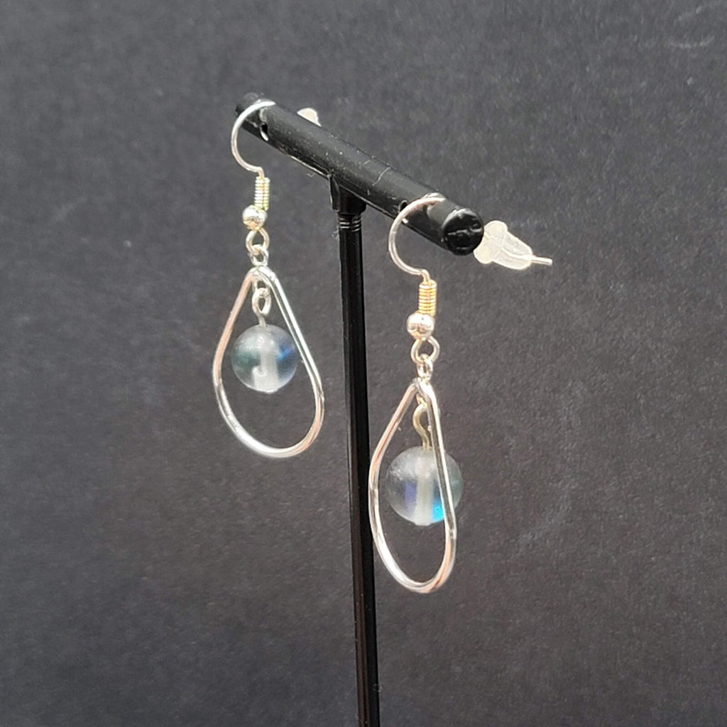 Pierced Earrings Silver tone Blue Gray Bead Teardrop Dangle 1 1/8"