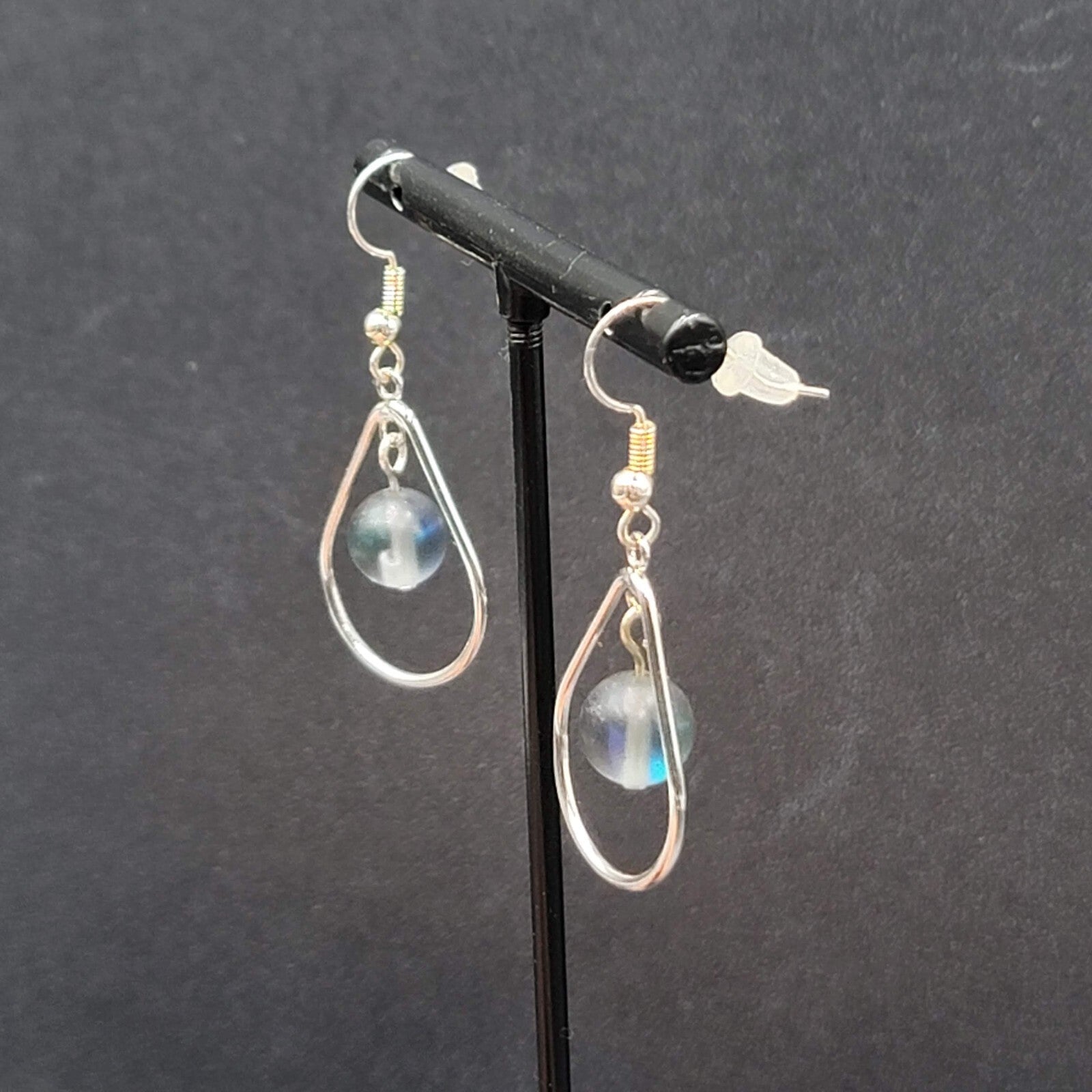 Pierced Earrings Silver tone Blue Gray Bead Teardrop Dangle 1 1/8"