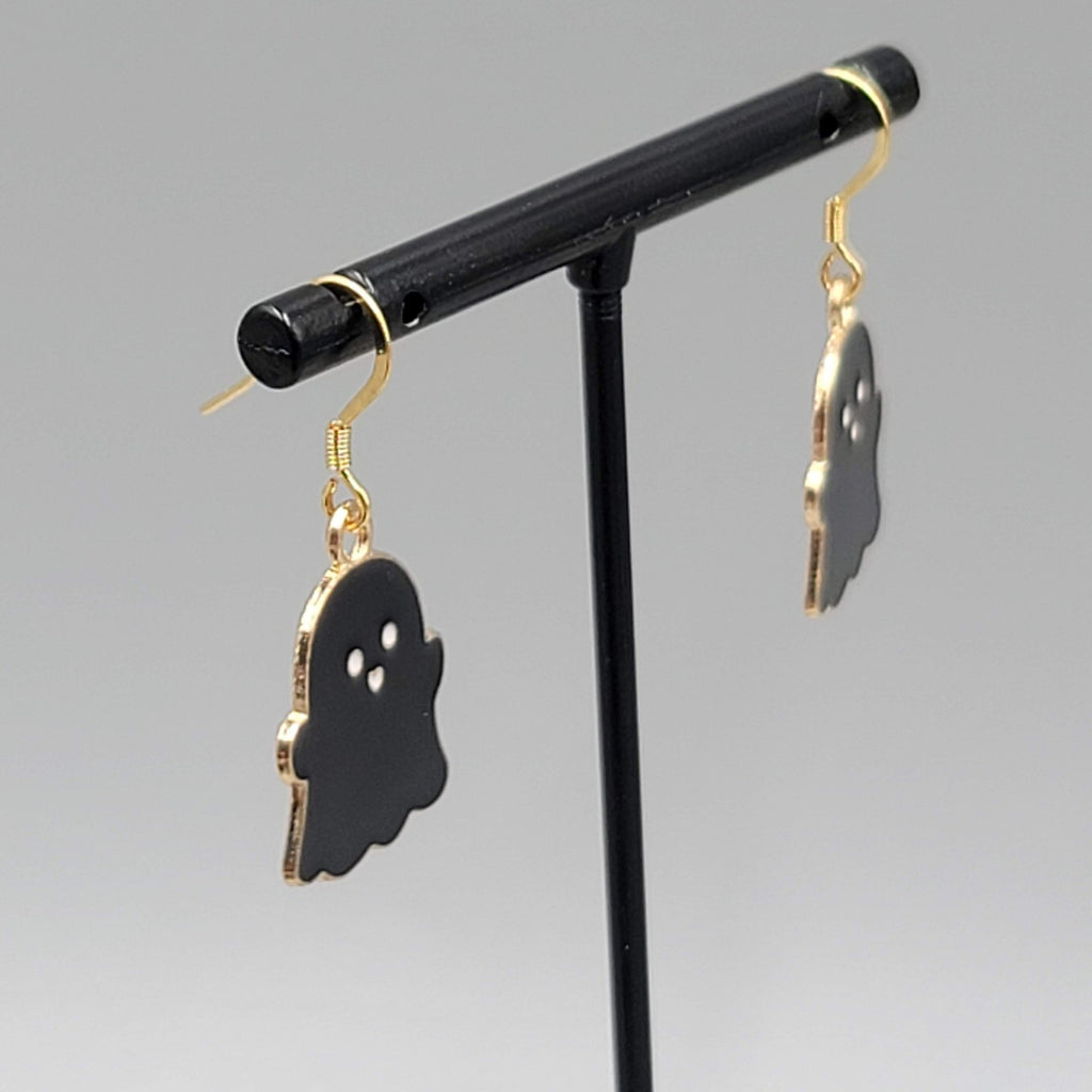 Black Enamel Ghost Pierced Earrings Dangle Gold tone Halloween Cute 7/8"