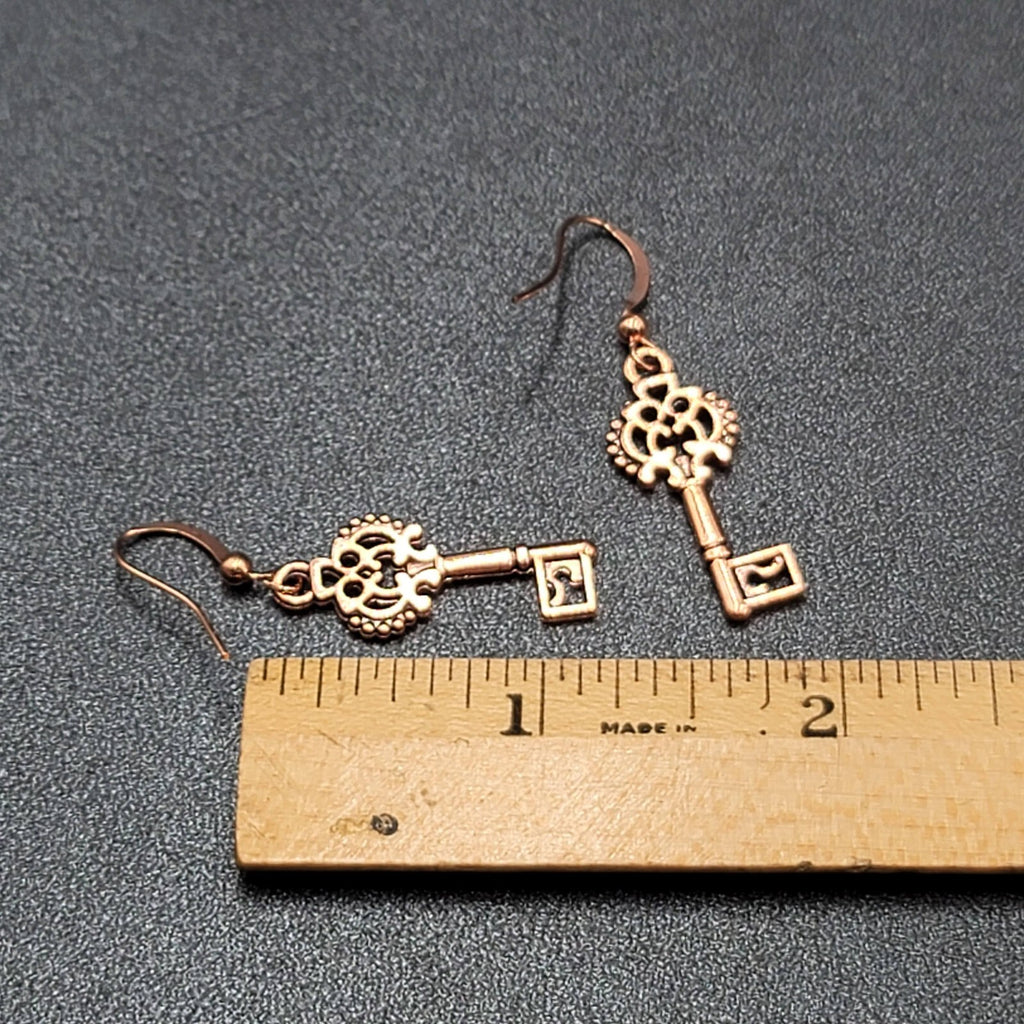 Skeleton Key Pierced Earrings Copper tone Dangle 1 1/8"