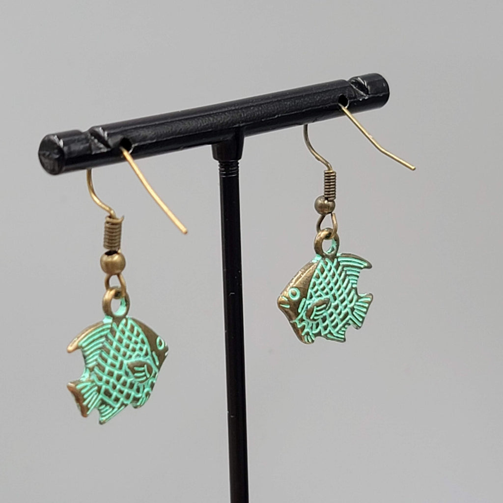 Fish Beach Sea life Pierced Earrings Bronze tone Green wash Dangle 5/8"