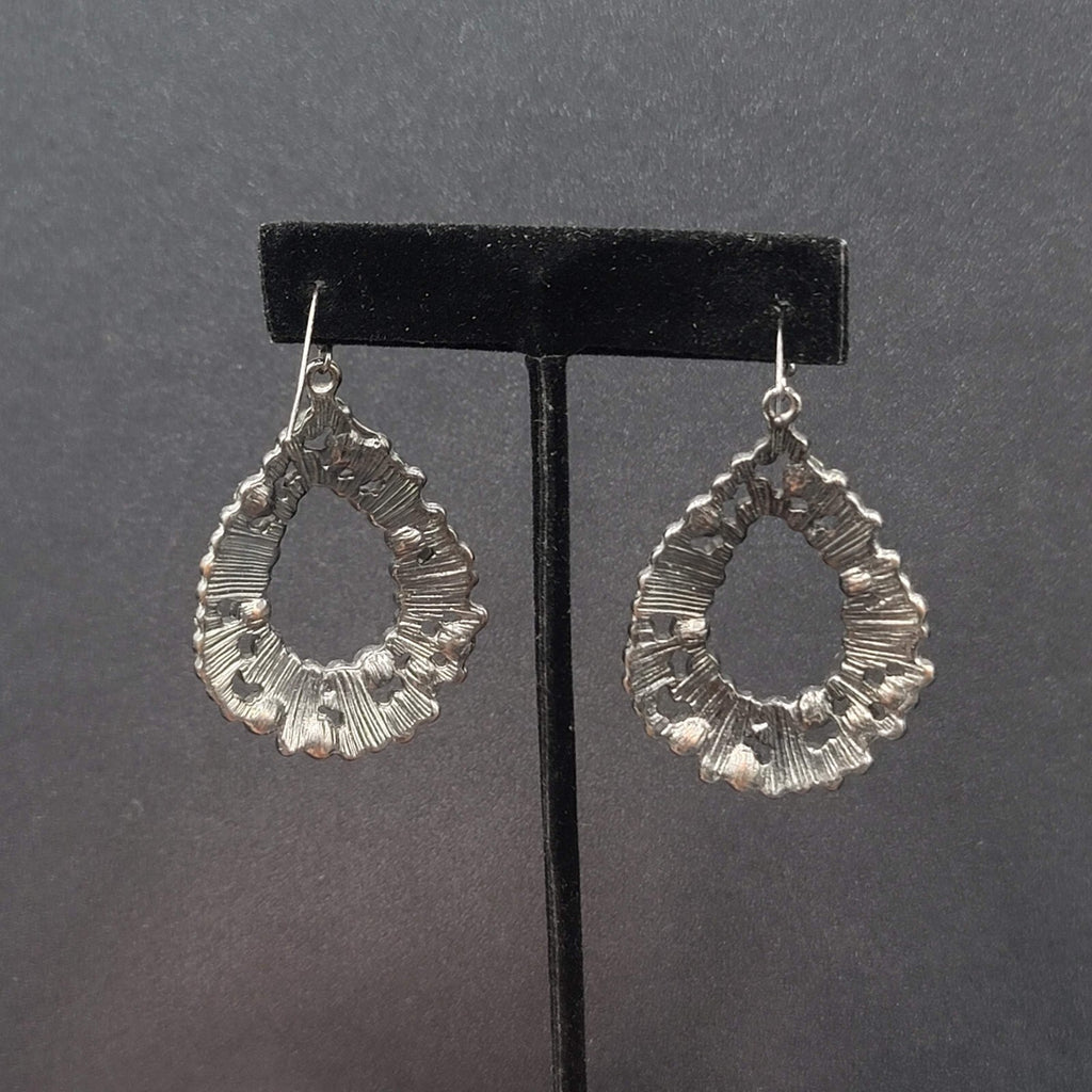 Pierced Earrings Black Metal Rhinestone Open Teardrop 1.75"