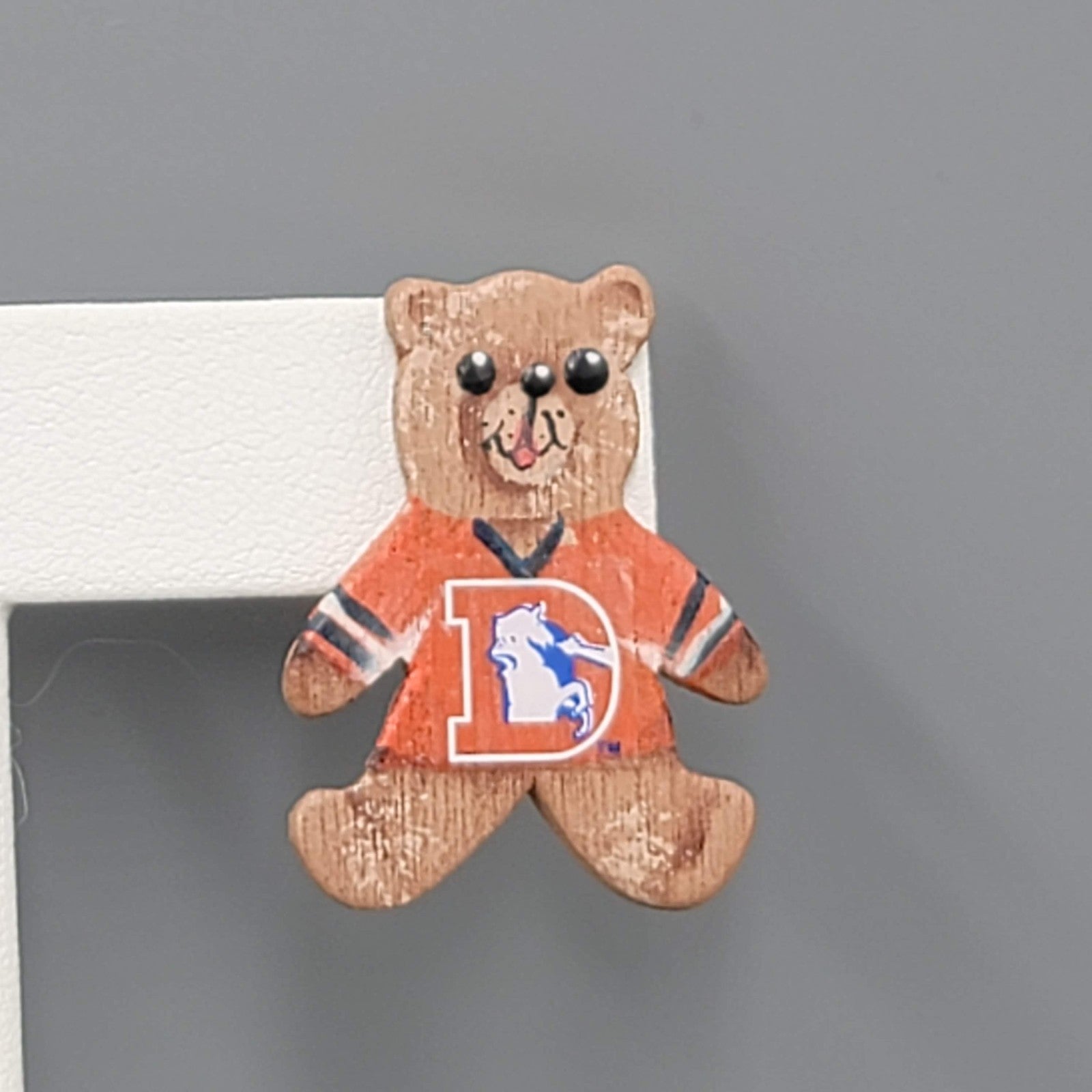 Vintage Hand Painted Denver Broncos Pierced Earrings Wood Teddy Bear 1 1/8"
