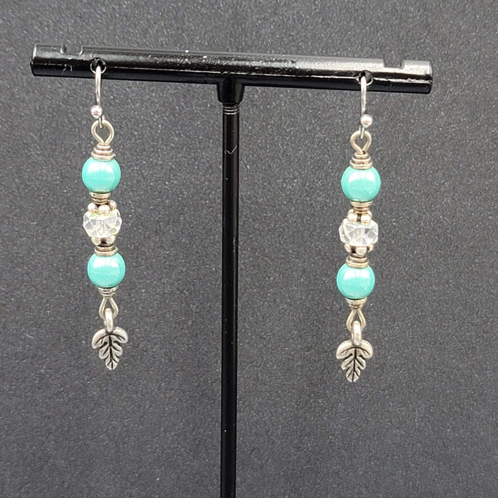 Pierced Earrings Silver tone Blue Bead Leaf Charm Dangle 1.5"