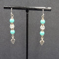 Pierced Earrings Silver tone Blue Bead Leaf Charm Dangle 1.5"