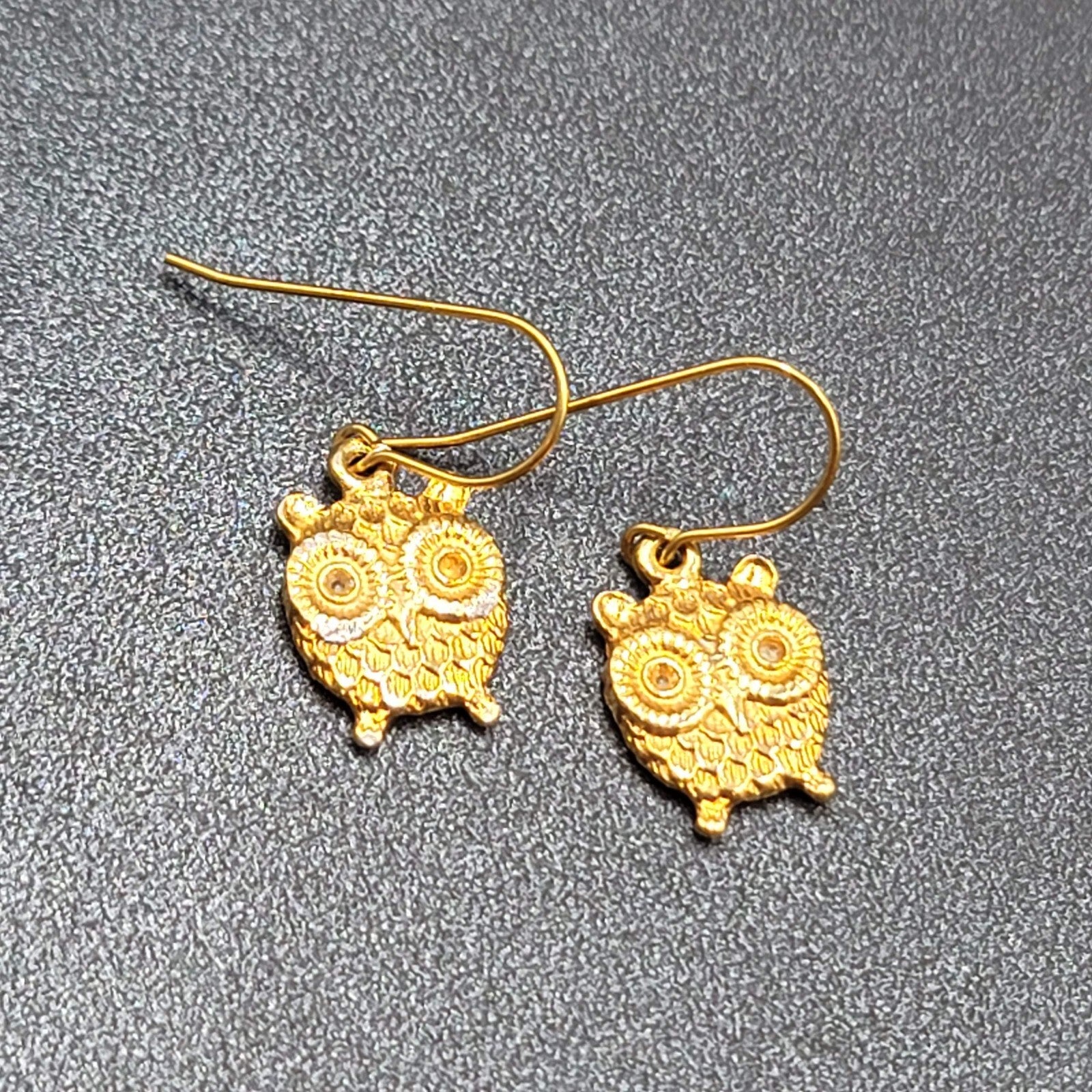 Pierced Earrings Gold tone Embossed Owl Dangle 5/8"