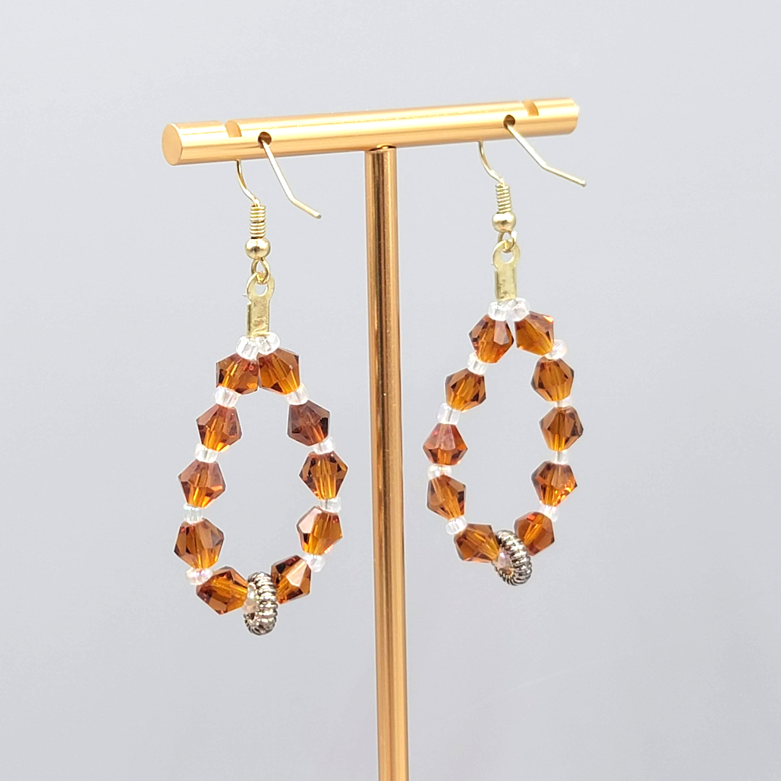Brown Crystal Bead Pierced Earrings Gold tone Dangle 1.75"