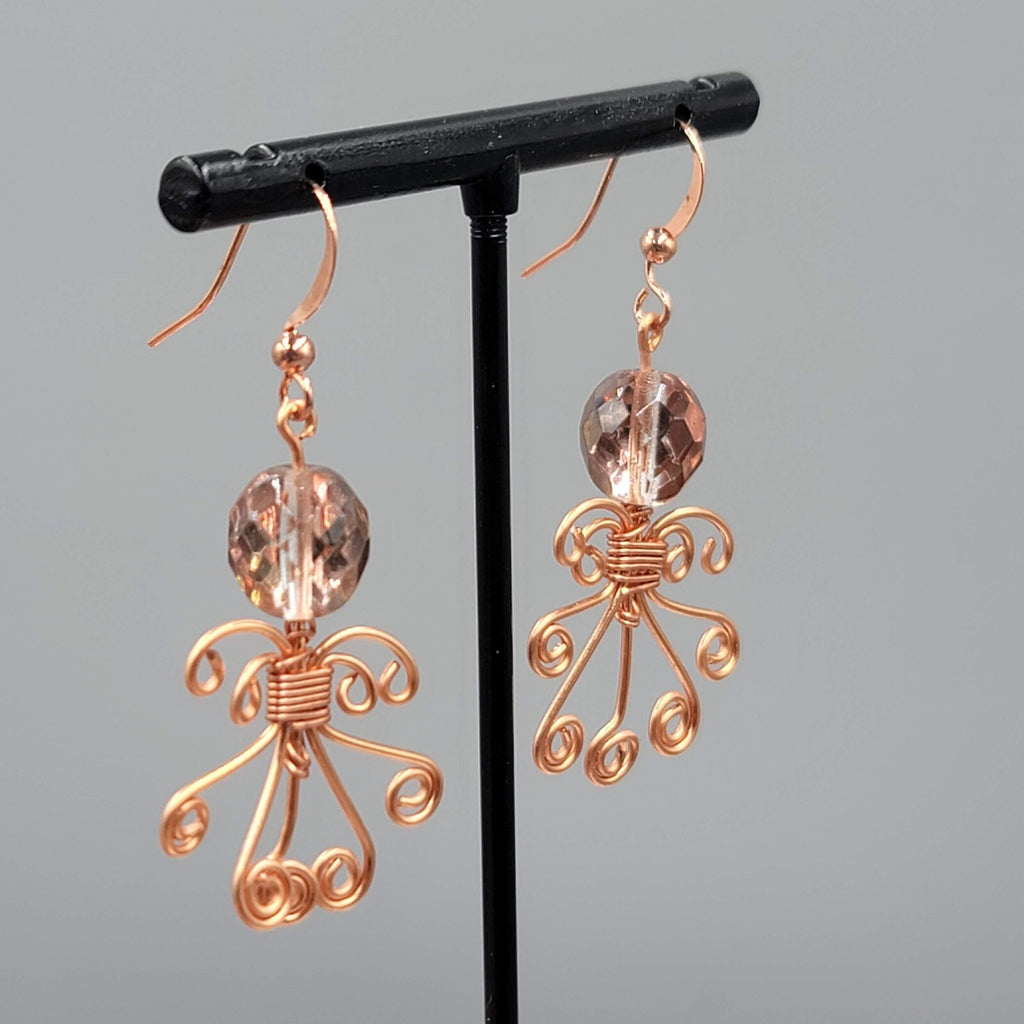 Wire Wrapped Angel Pierced Earrings Copper tone Dangle 1.5"