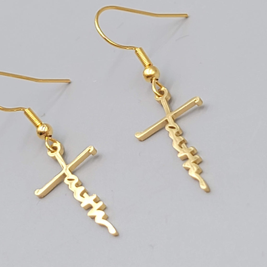 Faith Cross Pierced Earrings Gold tone Dangle 1"