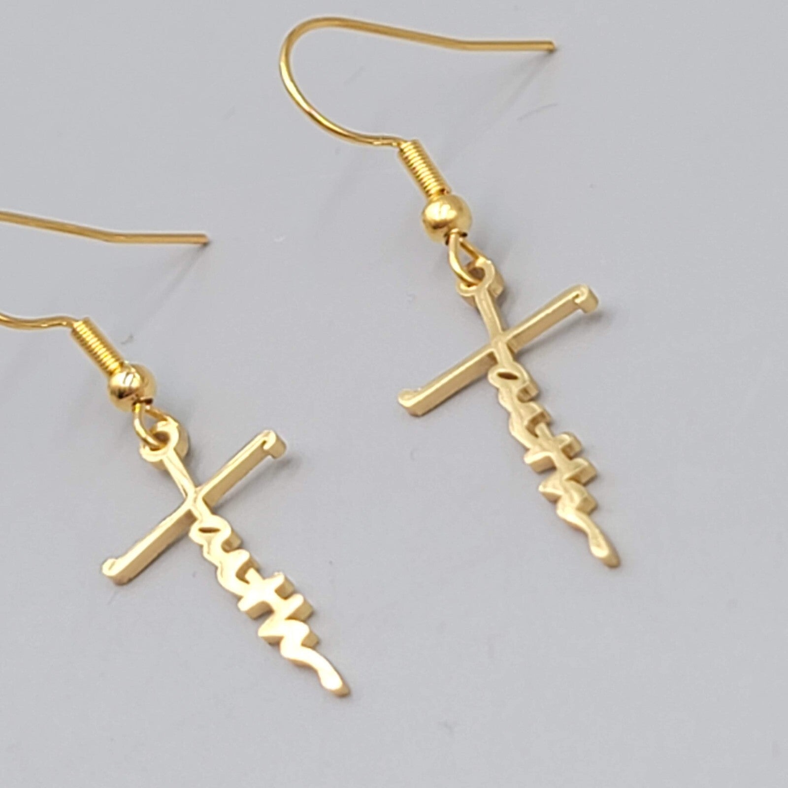 Faith Cross Pierced Earrings Gold tone Dangle 1"