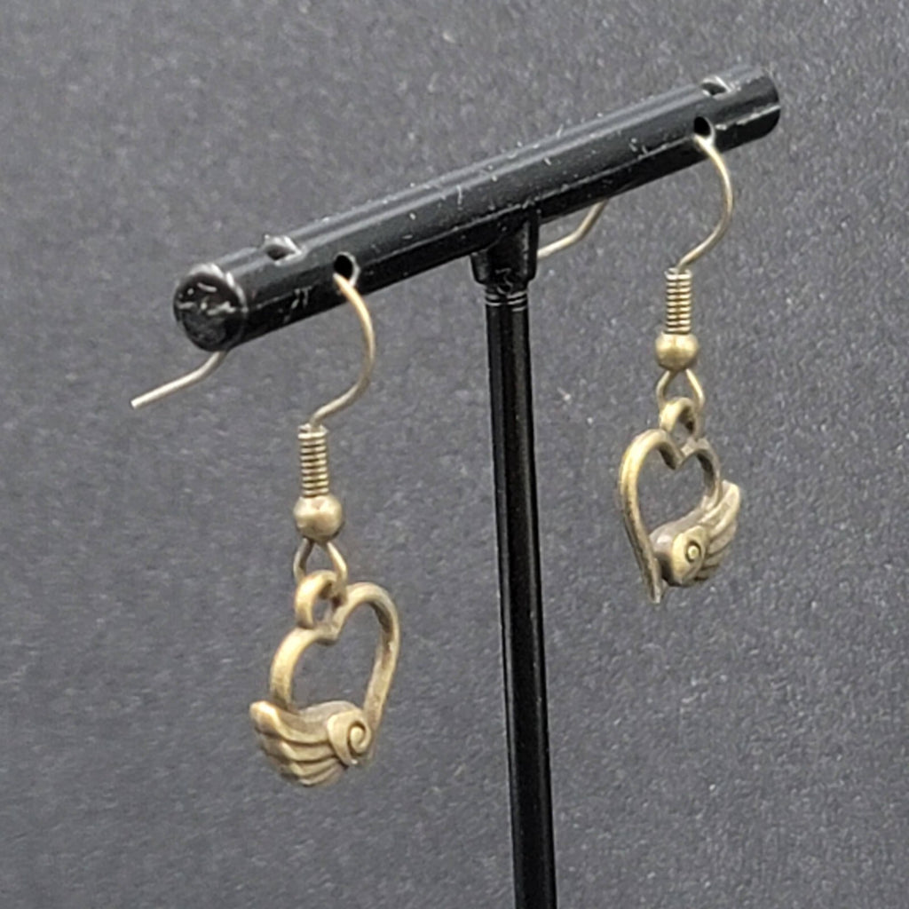 Pierced Earrings Bronze tone Open Winged Heart Dainty Dangle 1/2"